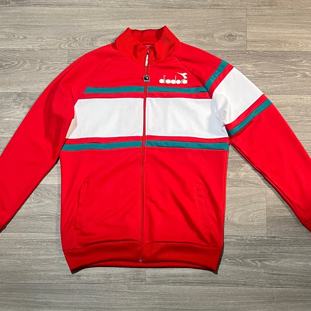Diadora Men's Red Zip-Up Track Jacket with White and Green Stripes.